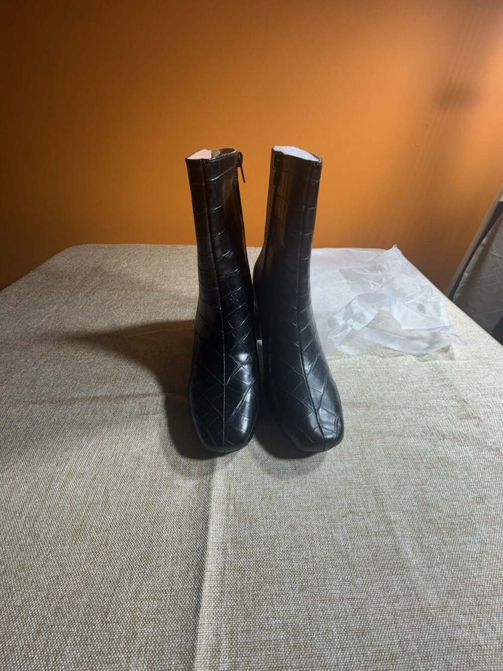 Black Croc Embossed Ankle Boots Size 9 Block Heel Side Zip
